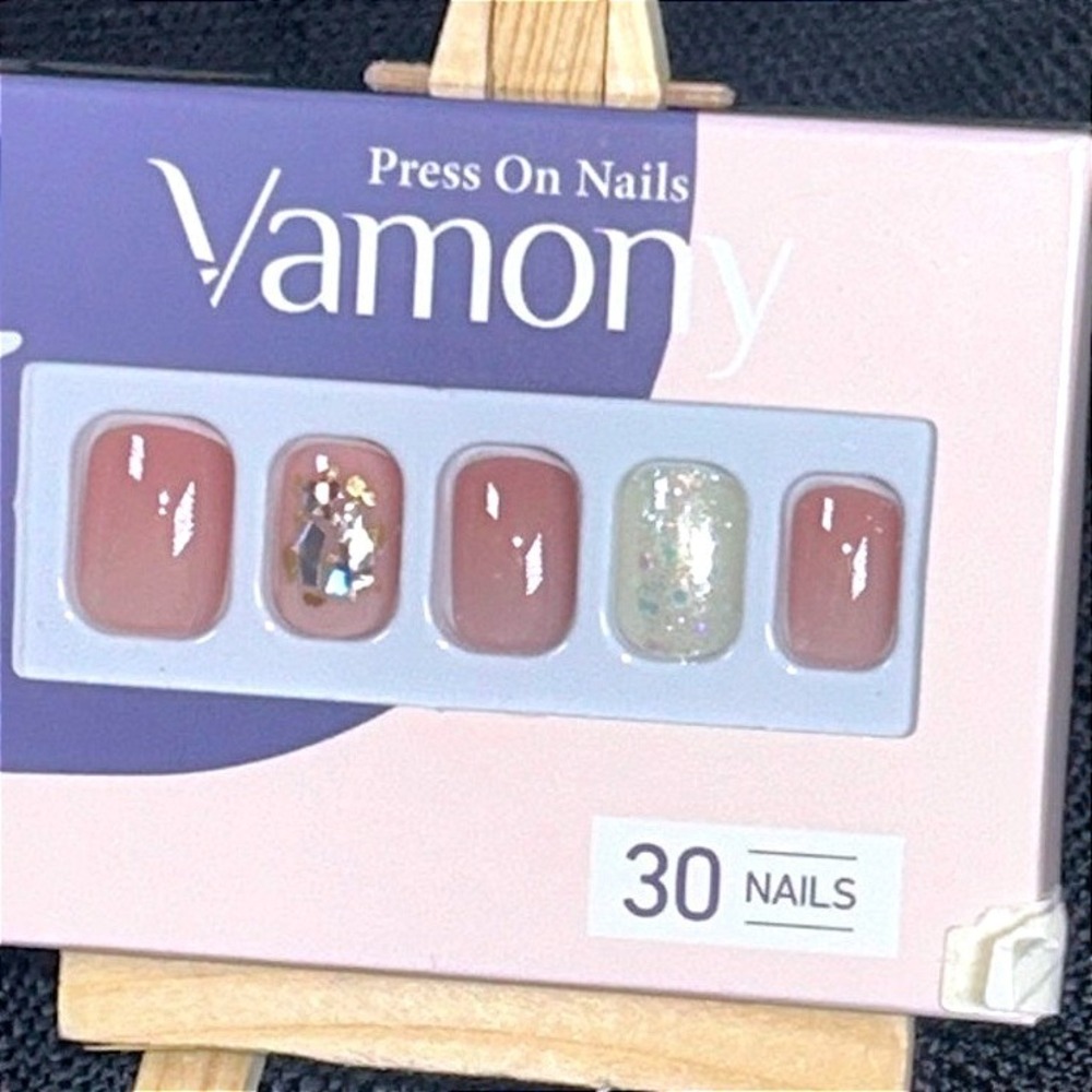 Vamony Press On Nails Neutral Pink Glitter Short Glossy Nail Set 30 Nails